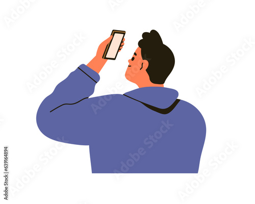 Man holding mobile smart phone, raising smartphone up, searching network. Happy person looking at cellphone screen. Guy back, cellular in hand. Flat vector illustration isolated on white background