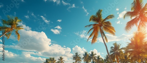 Palm trees under a blue sky with clouds. Generative AI © ColdFire