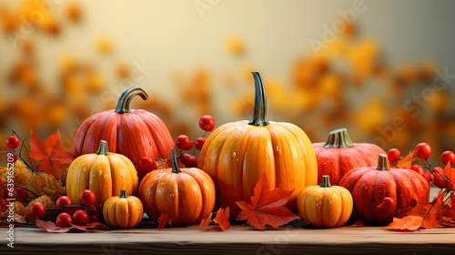 pumpkins and gourds and apples and fall leaves on white wooden background