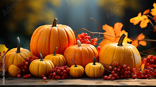 pumpkins and gourds and apples and fall leaves on white wooden background