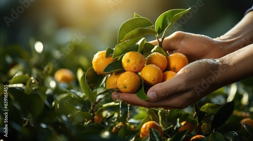 An orange or mandarin fruit is picked by a farmer s hands up close.Organic food  harvesting and farming concept. Background of fresh mandarins or oranges with green leaves 