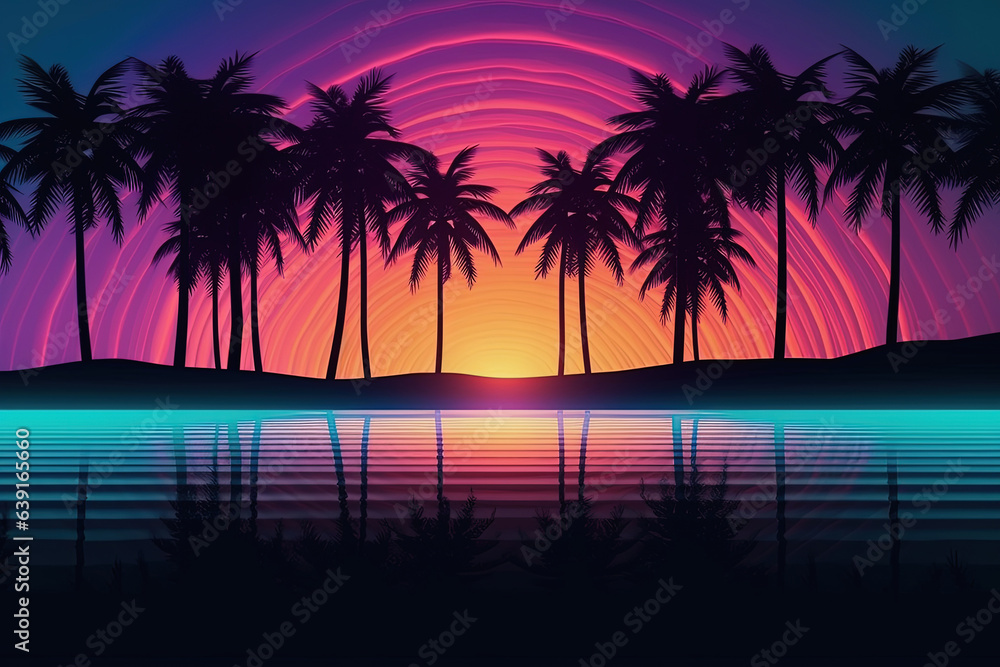 Pool party background with colorful neon lines. Summer light music show scene
