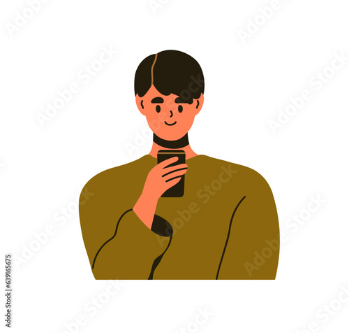 Man holding mobile smart phone in hand. Young person with smartphone, looking...