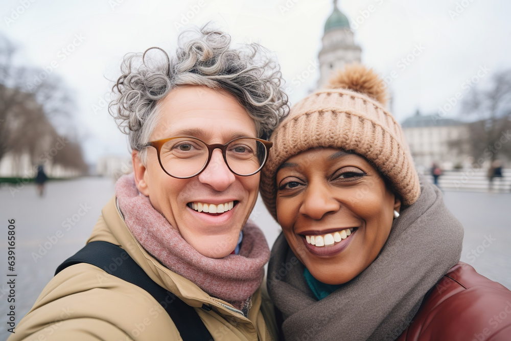 Interracial middle age couple taking selfie in city, autumn Europe vacation Interracial middle age couple taking selfie in city, autumn Europe vacation