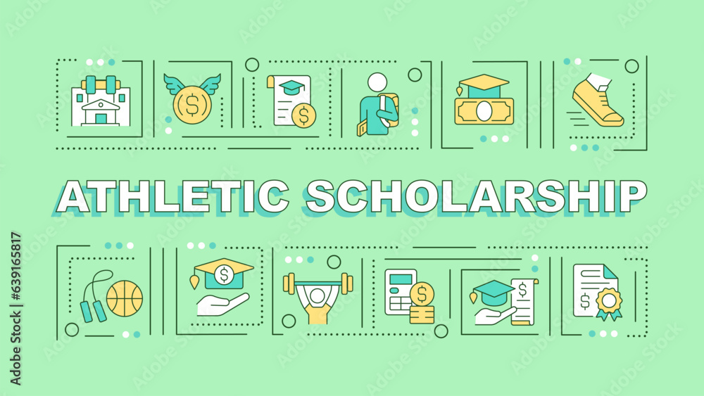 Athletic scholarship text with various thin line icons concept on green monochromatic background, editable 2D vector illustration.