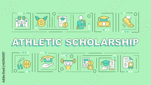 Athletic scholarship text with various thin line icons concept on green monochromatic background  editable 2D vector illustration.