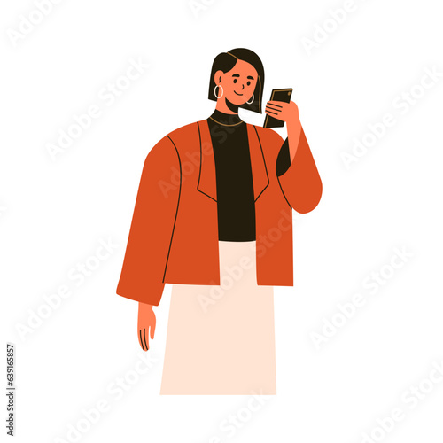 Businesswoman looking at smartphone in hand, reading business message. Young ...