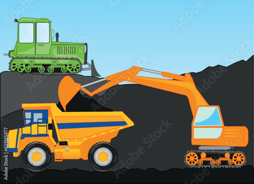Dump truck and excavator works loads in quarry