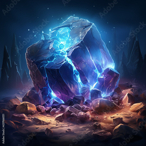 A rock in the middle of a League of legends game map with blue light between the stones, cinematic lights, and an epic sky. AI-Generated © Bhagi's DesignStudio