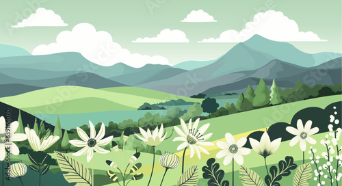 A rural landscape background of rolling hills and mountains. Fields, farm land and trees. Flowers in the foreground.