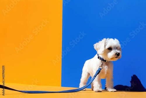 Happy active dog in a blue pet collar with leash in mouth ready to go for walk. Puppy waiting for the owner. Smiling cute pet on orange background. Maltese poodle breed. Bright banner with copy space