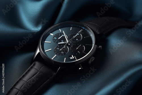 A beautiful luxury men's watch with a black or dark dial and a leather strap on a beautiful dark fabric background.generative ai 