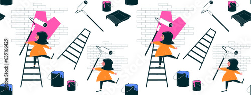 Seamless pattern with painting tools. Vector seamless background in retro style with the character of a house painter at work. Vintage illustration from 60s, 70s. Retro linear illustration.