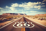 The allure of the open road beckons, marked by a vintage Route 66 sign standing proudly, echoing tales of legendary journeys
