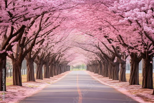 Canvastavla A scenic road enveloped by cherry blossom trees in full splendor, showering peta