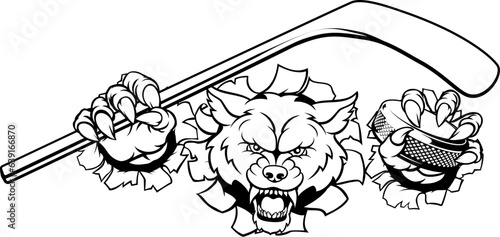 A wolf ice hockey player animal sports mascot holding a hockey stick and puck