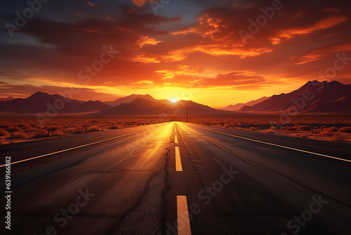 A seemingly endless highway extends straight ahead, leading towards the horizon lit by a mesmerizing sunset