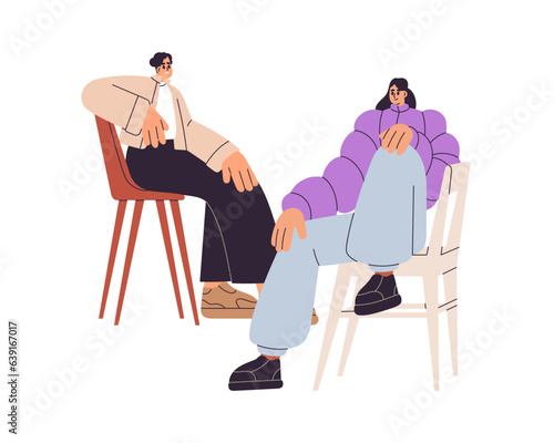 Communication, make acquaintance concept. Man starts conversation with woman....