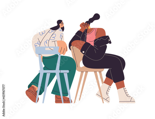 People communication. Girls starting conversations, communicating, talking. Happy young women acquaintance, looking at each other. Flat graphic vector illustration isolated on white background