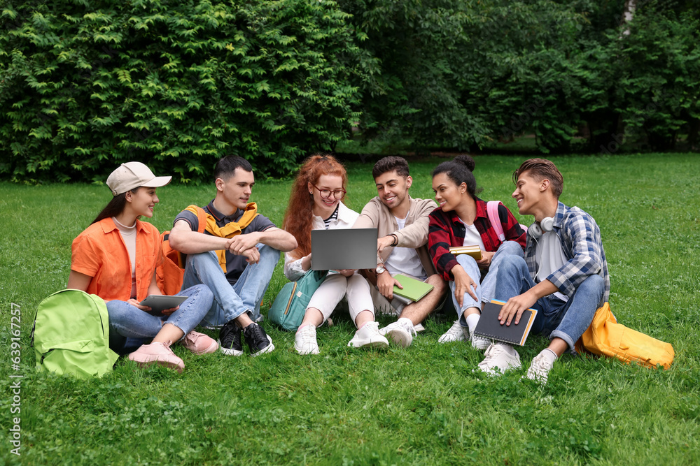 Group of happy young students learning together on green grass in park