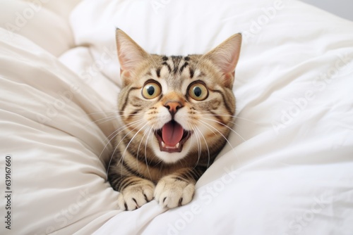 Funny crazy shorthair cat portrait looking shocked or surprised. Frightened face with open mouth. Kitten lying in a white bed. Emotional stress in a pet  adaptation  aggression