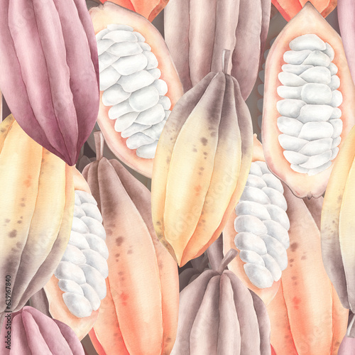 Seamless pattern with watercolor cocoa beans.