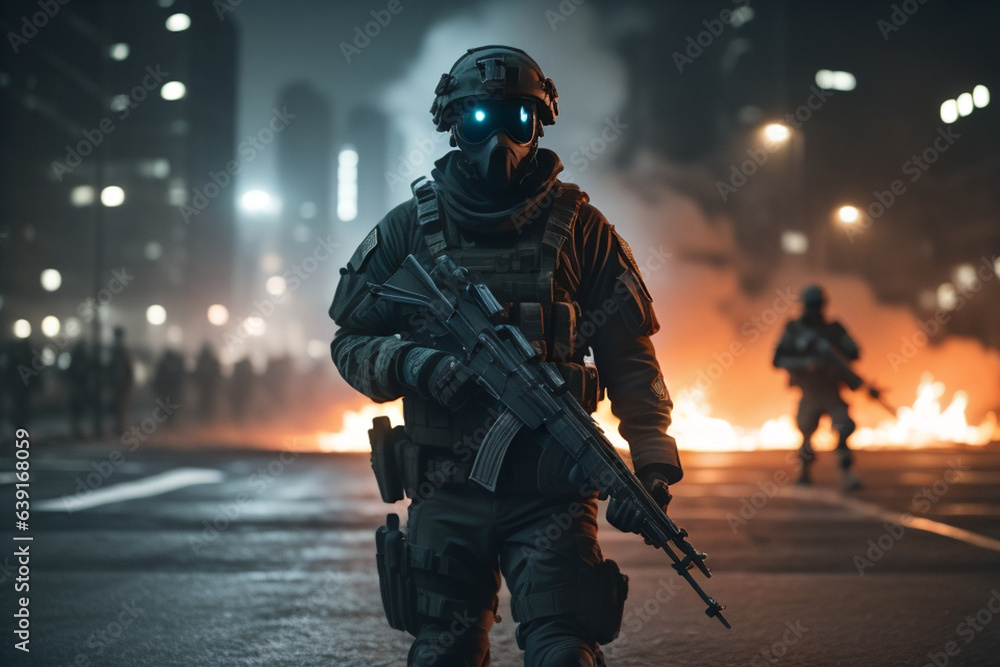 Army soilder who wear black tactical closes with a nocturn vision. AI Generative Army soilder who wear black tactical closes with a nocturn vision. AI Generative
