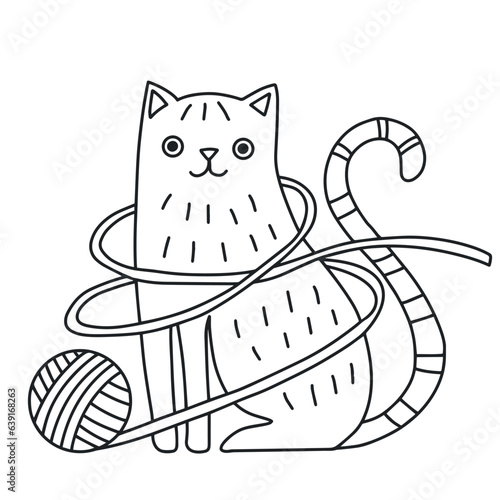 The cat is playing with a ball of thread. Stylized character for coloring.