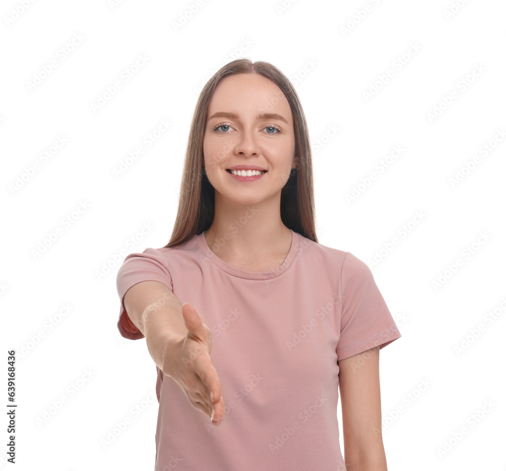 Happy young woman welcoming and offering handshake on white background Happy young woman welcoming and offering handshake on white background