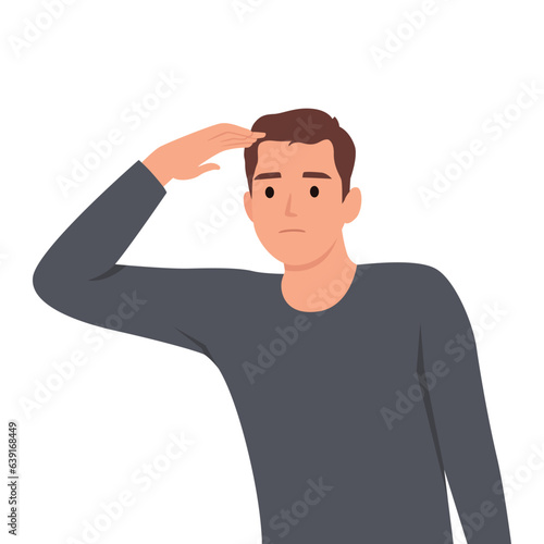 Curious man looking far away with hand over head, trying to see something, bad vision, searching, holding palm on forehead and gasping. surprised, and amazed. Flat vector illustration isolated