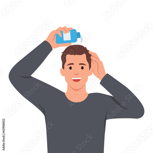 Young man sprinkle hair growth products on his head. Flat vector illustration isolated on white background
