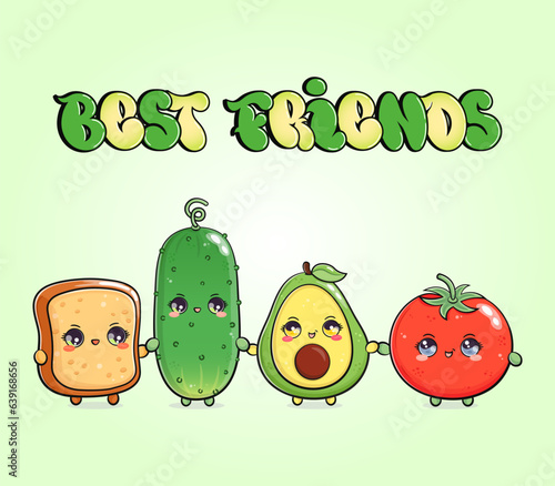The Healthy Dream Team card. Avocado bread tomato and cucumber. Vector hand drawn doodle style cartoon character illustration icon design. Happy Avocado bread tomato cucumber friends concept card