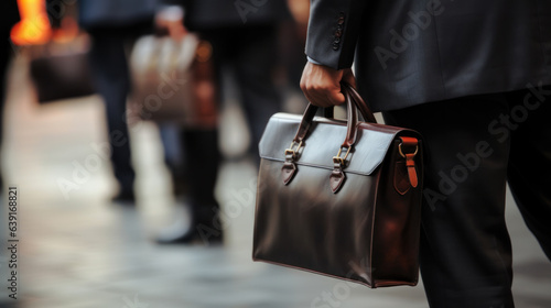 Detail of a businessman holding a leather briefcase. Wide image with large copy space