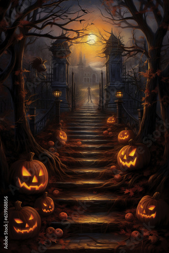 Spooky illustration with steps leading to the old scary castle. Halloween celebration concept. Generated AI
