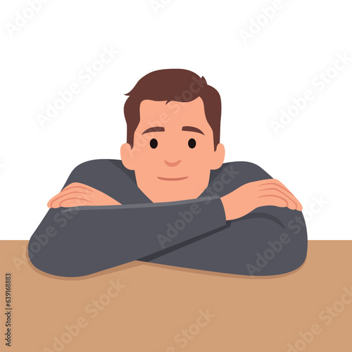 Handsome man looking at camera with head lying on crossed arms. arms resting is looking at the camera. Flat vector illustration isolated on white background