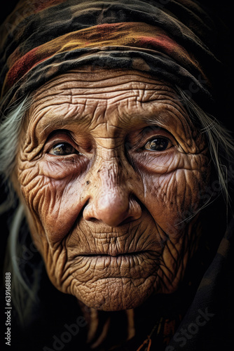 An elderly woman, her face etched with lines of wisdom and experience.