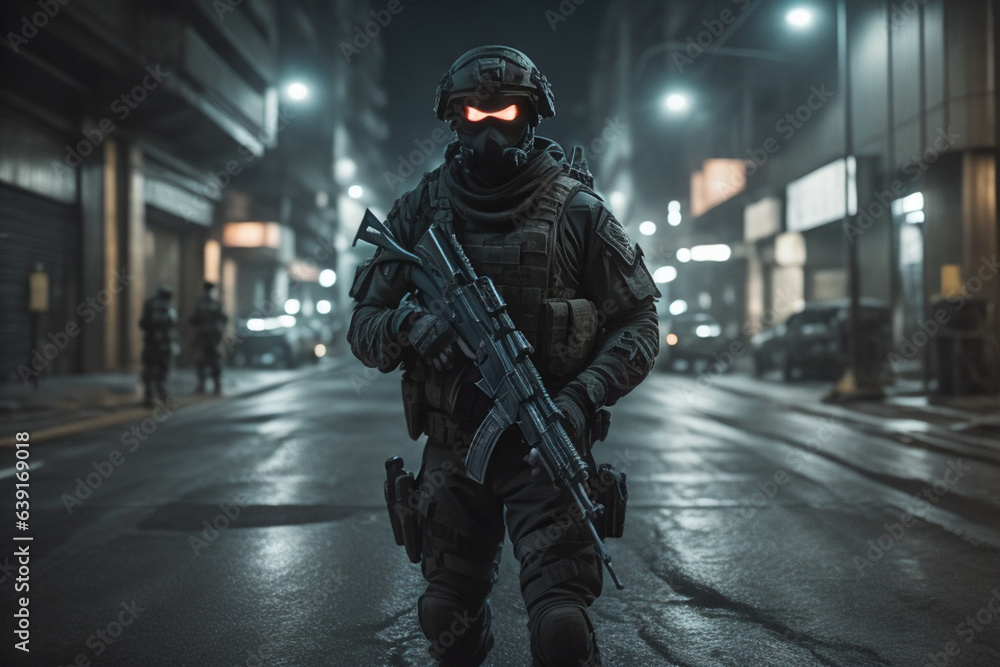 Army soilder who wear black tactical closes with a nocturn vision. AI Generative Army soilder who wear black tactical closes with a nocturn vision. AI Generative