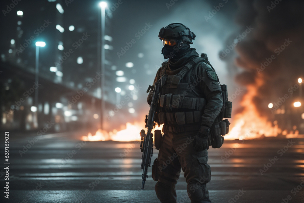 Army soilder who wear black tactical closes with a nocturn vision. AI Generative Army soilder who wear black tactical closes with a nocturn vision. AI Generative