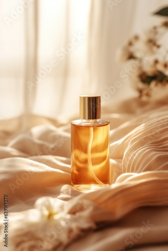 Transparent bottle of essence perfume on biege background with sunlight and flowers. Trending concept of women's and men's essence for branding mockup. Minimal style perfumery template