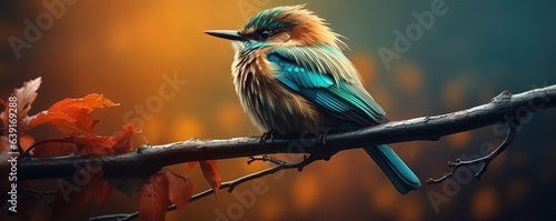 close up cute sparrow bird on tree branch with blue nature background, Generative Ai