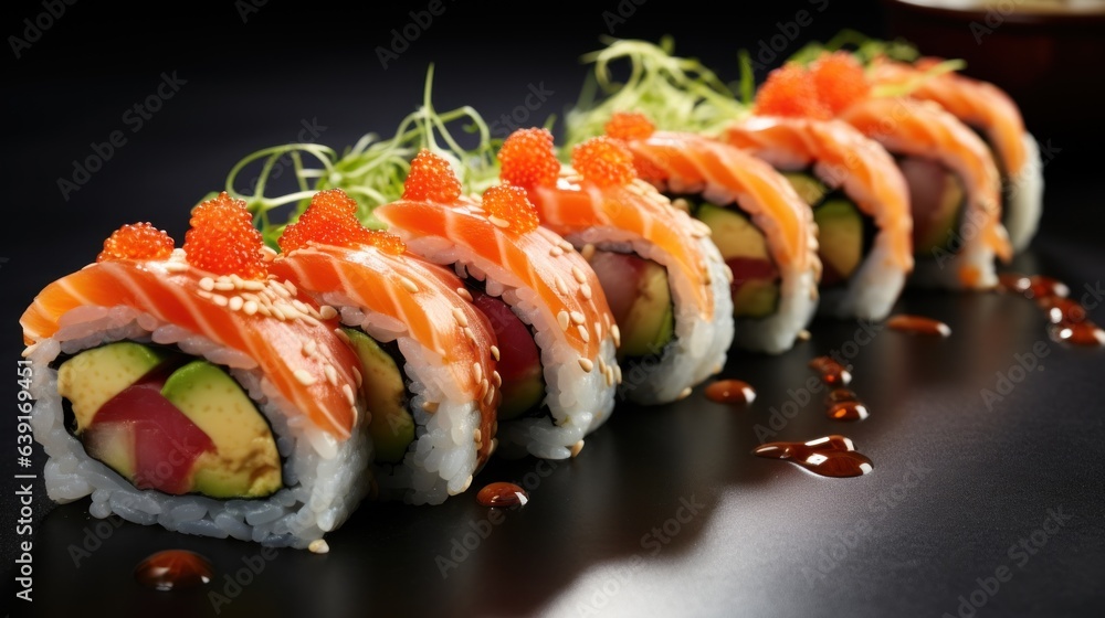 A set of fresh sushi rolls with salmon, avocado. Japanese sushi A set of fresh sushi rolls with salmon, avocado. Japanese sushi