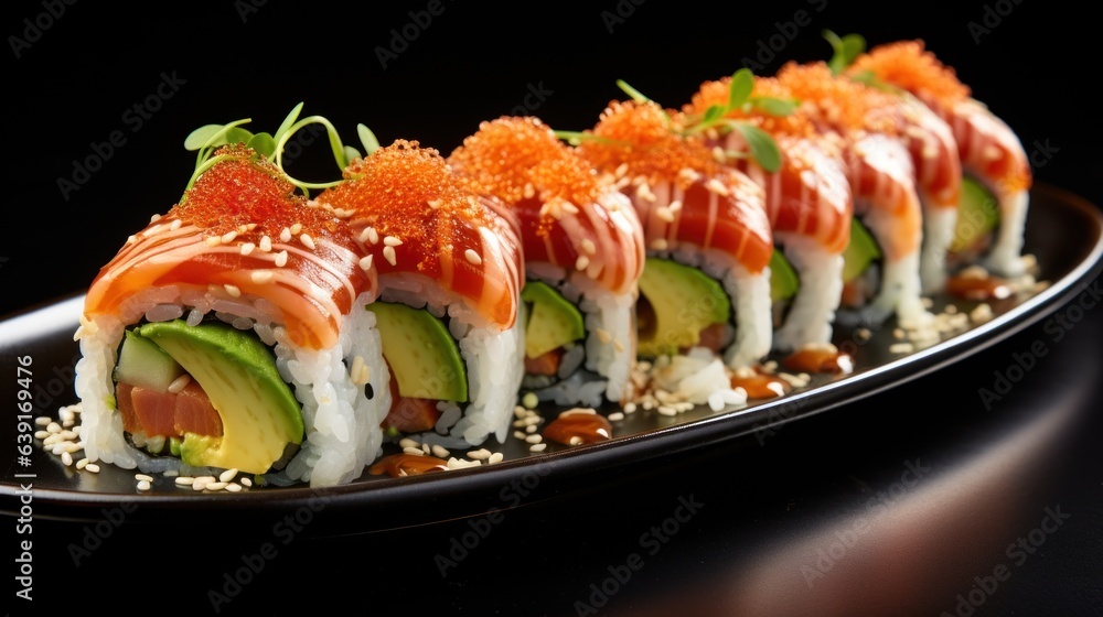 A set of fresh sushi rolls with salmon, avocado. Japanese sushi A set of fresh sushi rolls with salmon, avocado. Japanese sushi