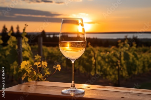 A fresh chilled glass of ice wine overlooking a Canadian vineyard during a Summer sunset photo