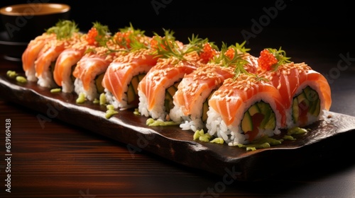 A set of fresh sushi rolls with salmon, avocado. Japanese sushi