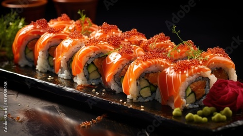 A set of fresh sushi rolls with salmon, avocado. Japanese sushi