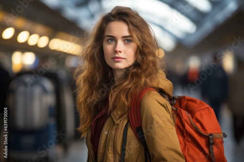 Beautiful girl tourist with backpack and suitcase waiting for train at train station travel travel leisure tourism
