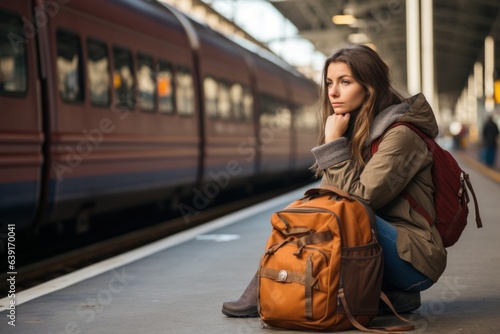 Beautiful girl tourist with backpack and suitcase waiting for train at train station travel travel leisure tourism