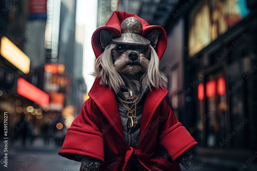 pet fashion portrait on urban city street, cute dog wearing red jacket hip hop looks , Generative Ai