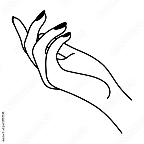 Female hand reaches. Gesture linear icon. Non-verbal language. Simple vector minimalist illustration. Graphic element isolated on white background. Elegant palm of hand. Woman's arm.