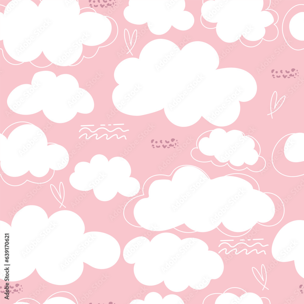 Seamless pattern with white clouds on pink pattern. Vector, Doodle.